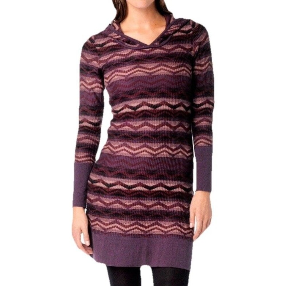 Prana Meryl Chevron Sweater Dress Hooded Maroon Women’s Medium Stretch